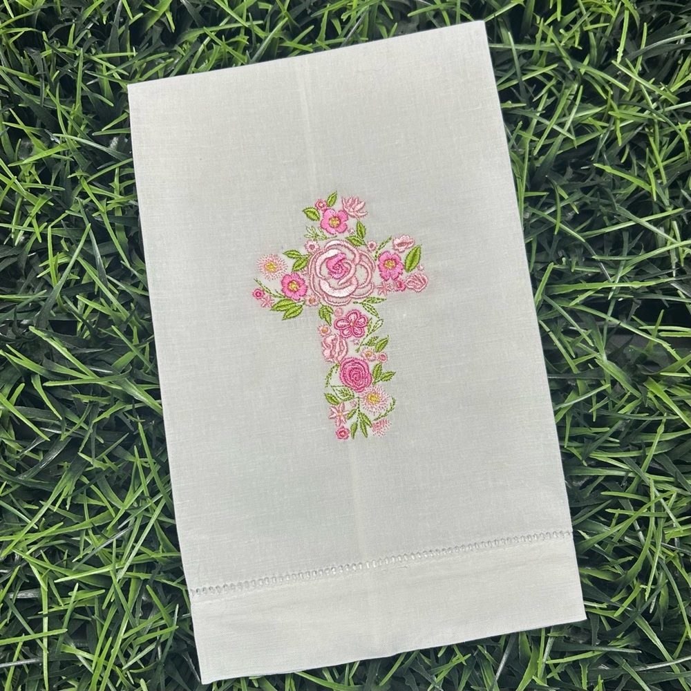 Easter/Spring Embroidered Floral Cross Tea Towel